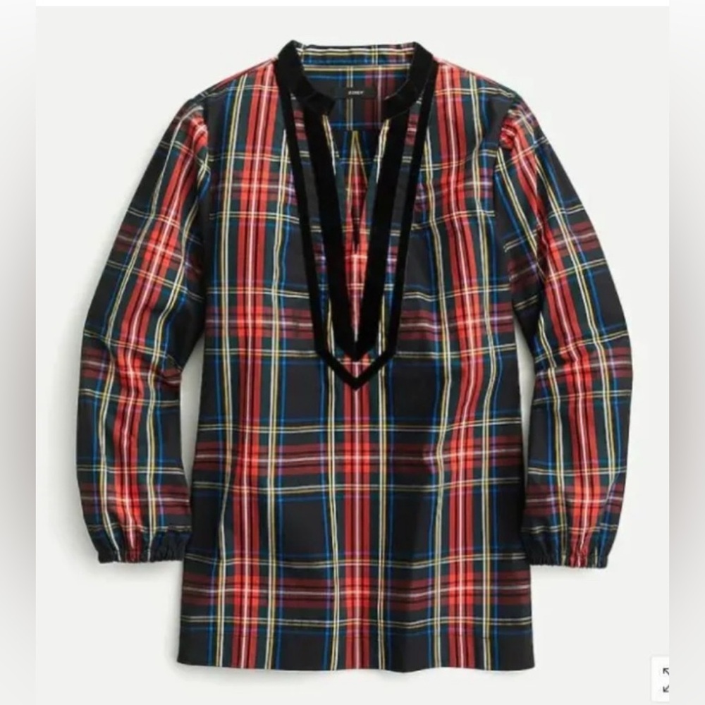 J. Crew Velvet-Trimmed V-neck Long Sleeve Tunic in Black Stewart Tartan